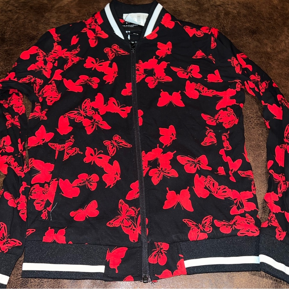 Denim & Flower men’s red and black Butterfly Zip Jacket size S NWT